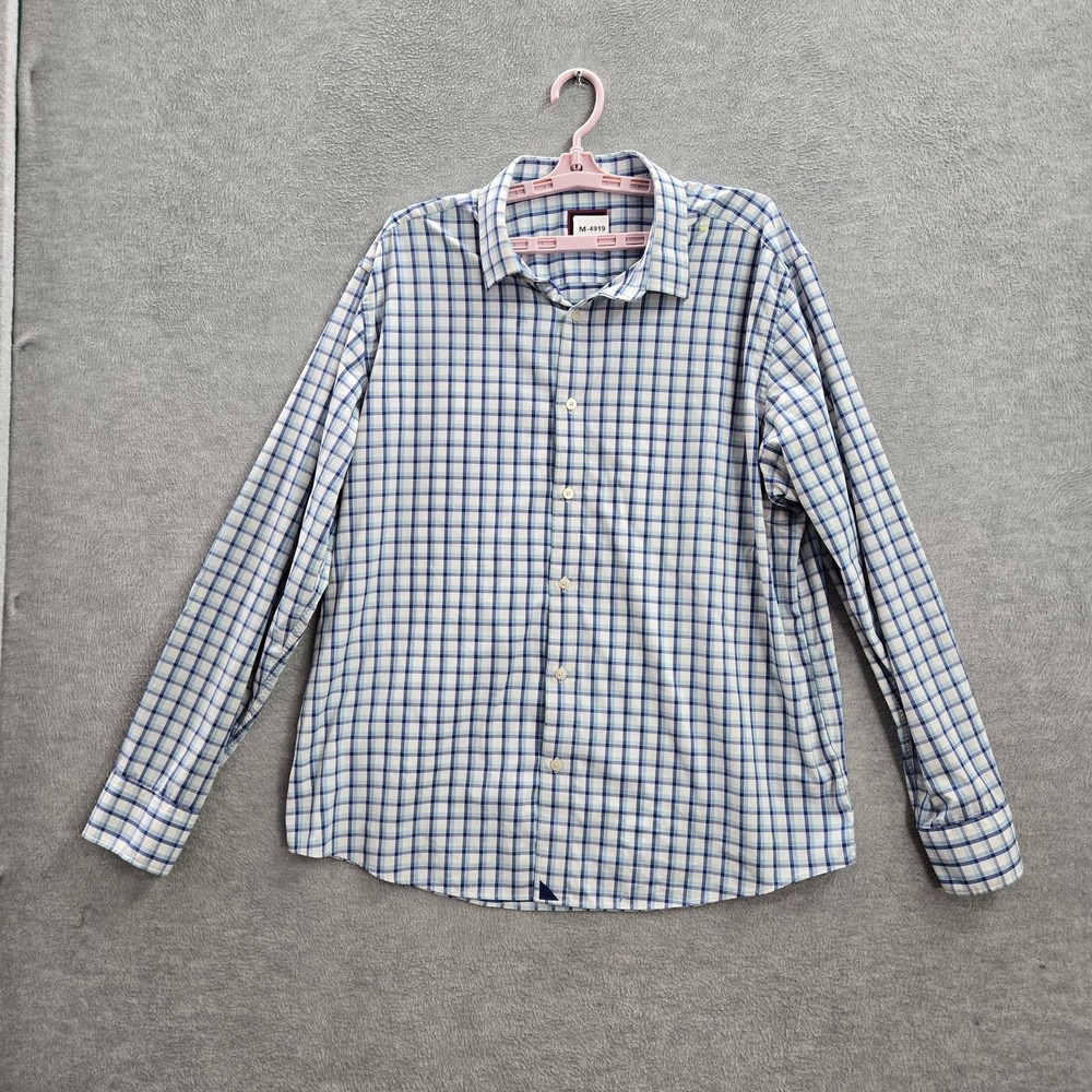 Untuckit Men Button Up Shirt XXL Blue Elastane Nylon Plaid Long